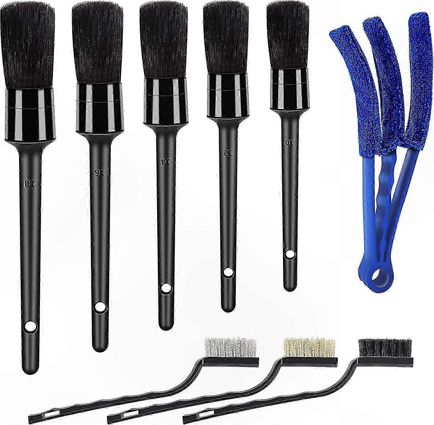 9-osainen ajoneuvojen puhdistusharjasarja sisätiloihin ja yksityiskohtiin, sisältää pehmeät ja teräsharjat autonhoitoon