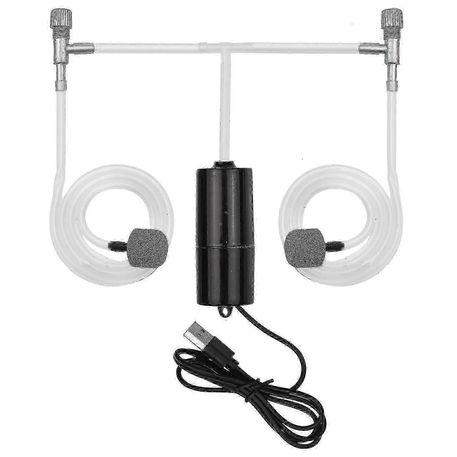 مضخة أكسجين حوض السمك الصغيرة مع أنابيب USB Power 2 Air Stones ومشبك معلق للاستخدام في الهواء الطلق