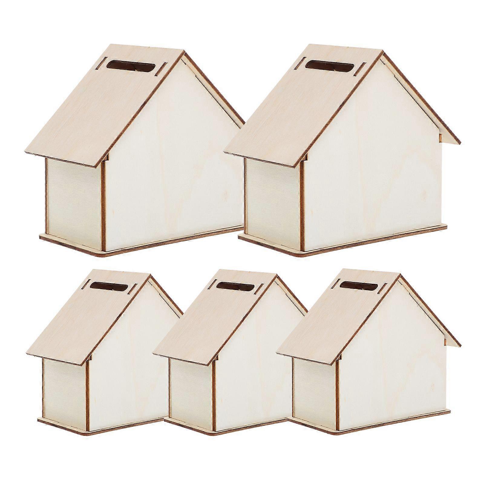 5pcs Unfinished Wooden Piggy Banks Kids DIY Coin Bank Change Container