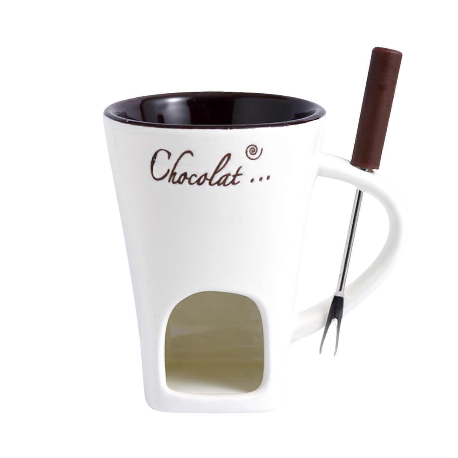 Fondue Mug Set, Off White Ceramic Chocolate Fondue Pot, Melting Pot for Cheese, Chocolate, and Butter