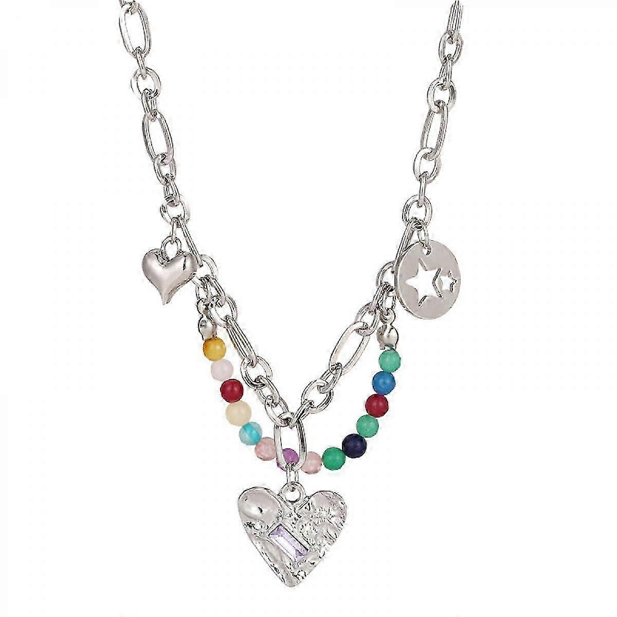 Woven Mixed Multi-Colored Bead Flower Heart Illusion Necklace