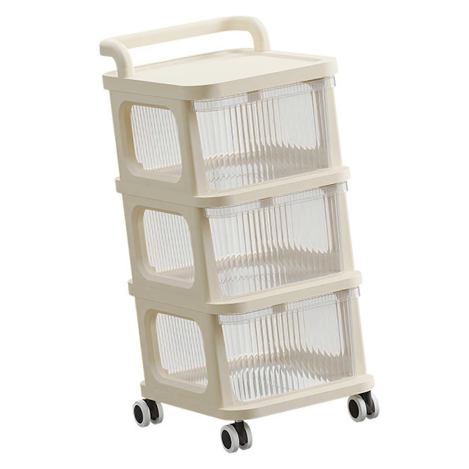 3-Layer Beige Rolling Cart with Clear Drawers for Kitchen Office