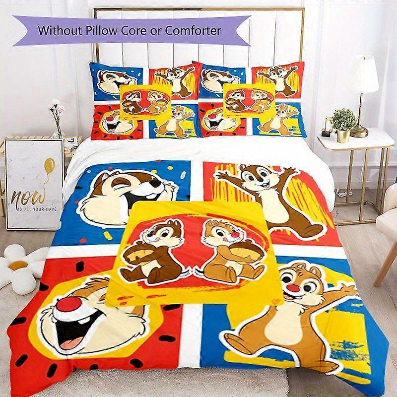 TE236 Cheerful Chip 'n' Dale Print Bedding Set with Zipper Closure - Includes 1 Duvet Cover and 2 Pillowcases, Machine Washable, Polyest