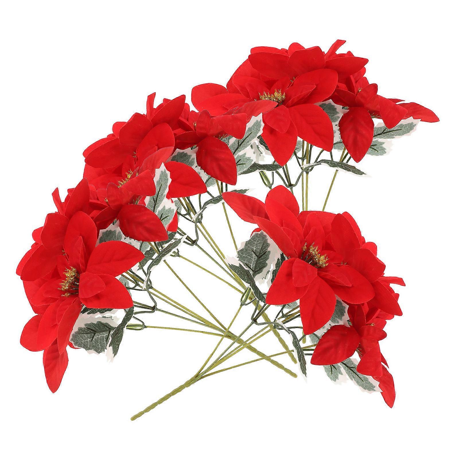 Red Artificial Poinsettia Flowers Bouquet for Decoration 8Pcs with Stems