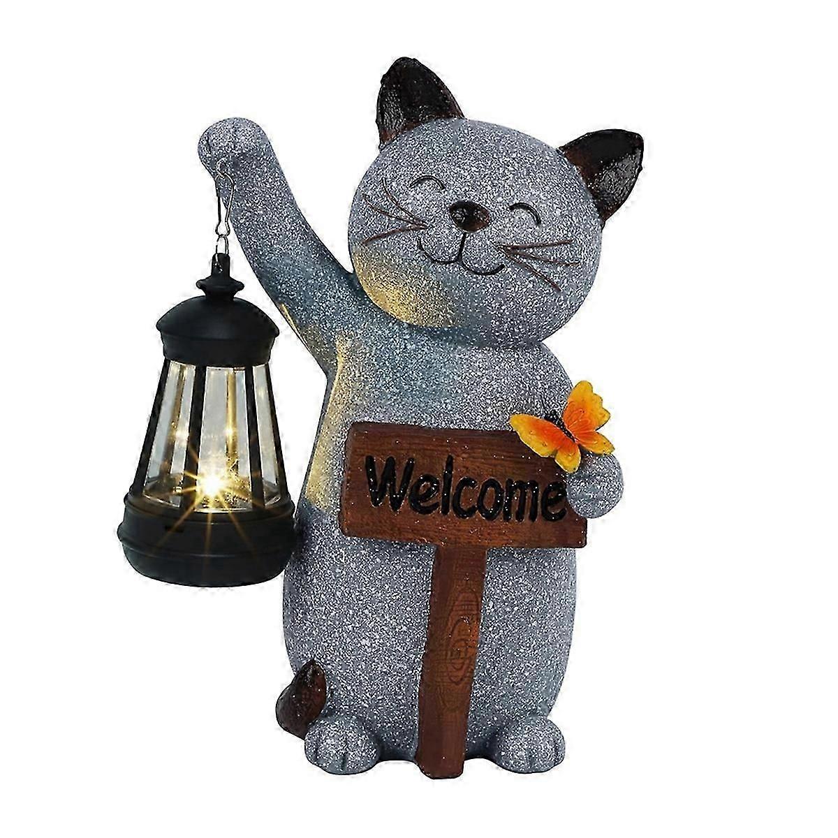 Solar Powered Cat Statue with Lantern, Resin Kitten Outdoor Lawn Porch Yard Artwork, Birthday Gift