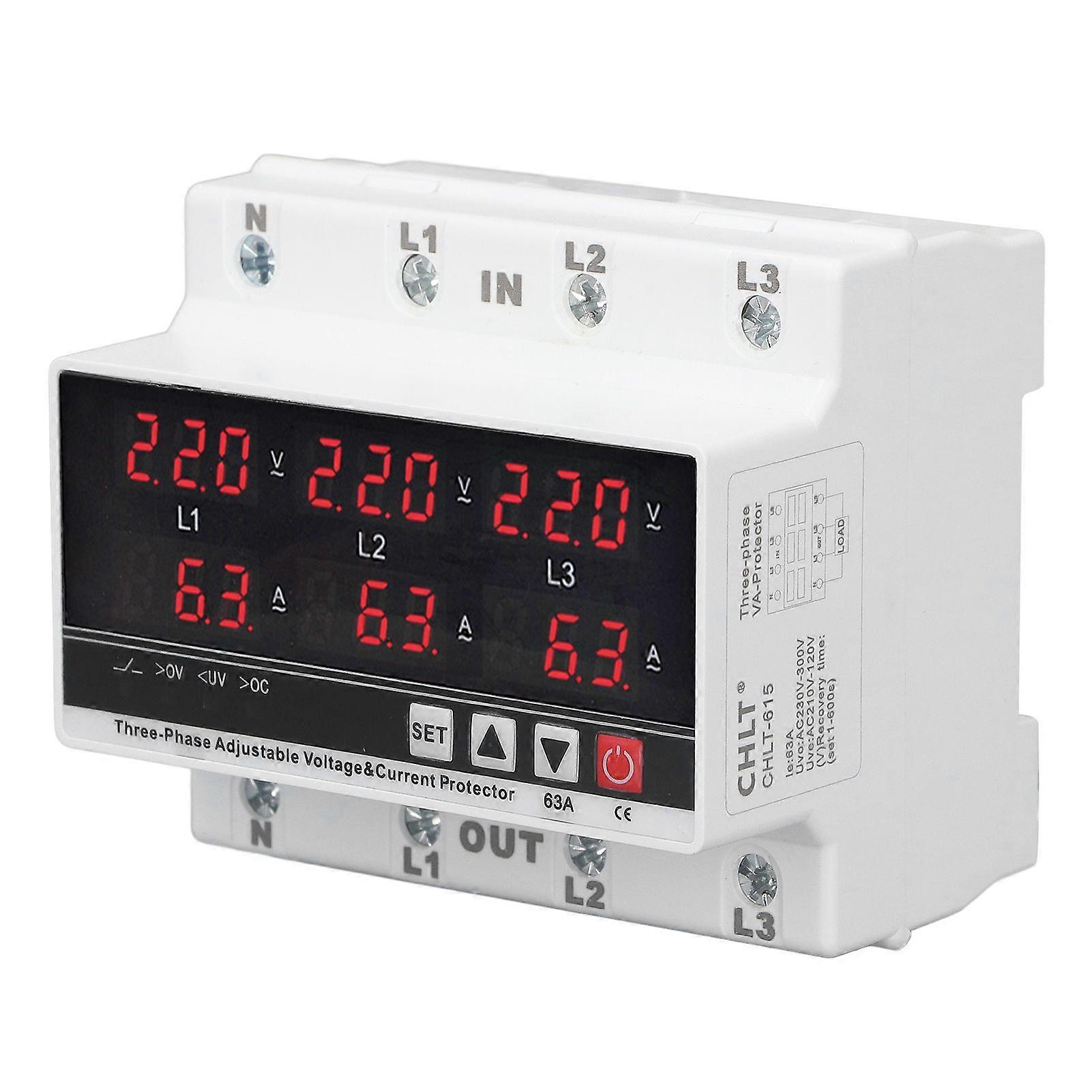 Undervoltage Protector DIN Rail Adjustable Overcurrent Protector AC120V300V 63A 3 Phase 3 Wire 4 Wire