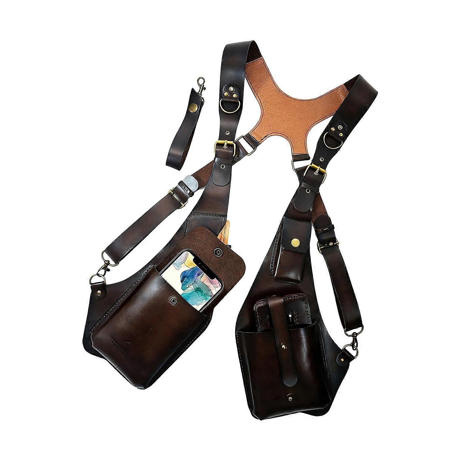 Double Shoulder Camera Harness Leather Material Adjustable Length For SLR Cameras With Sponges Padding Texture Finish  Brown