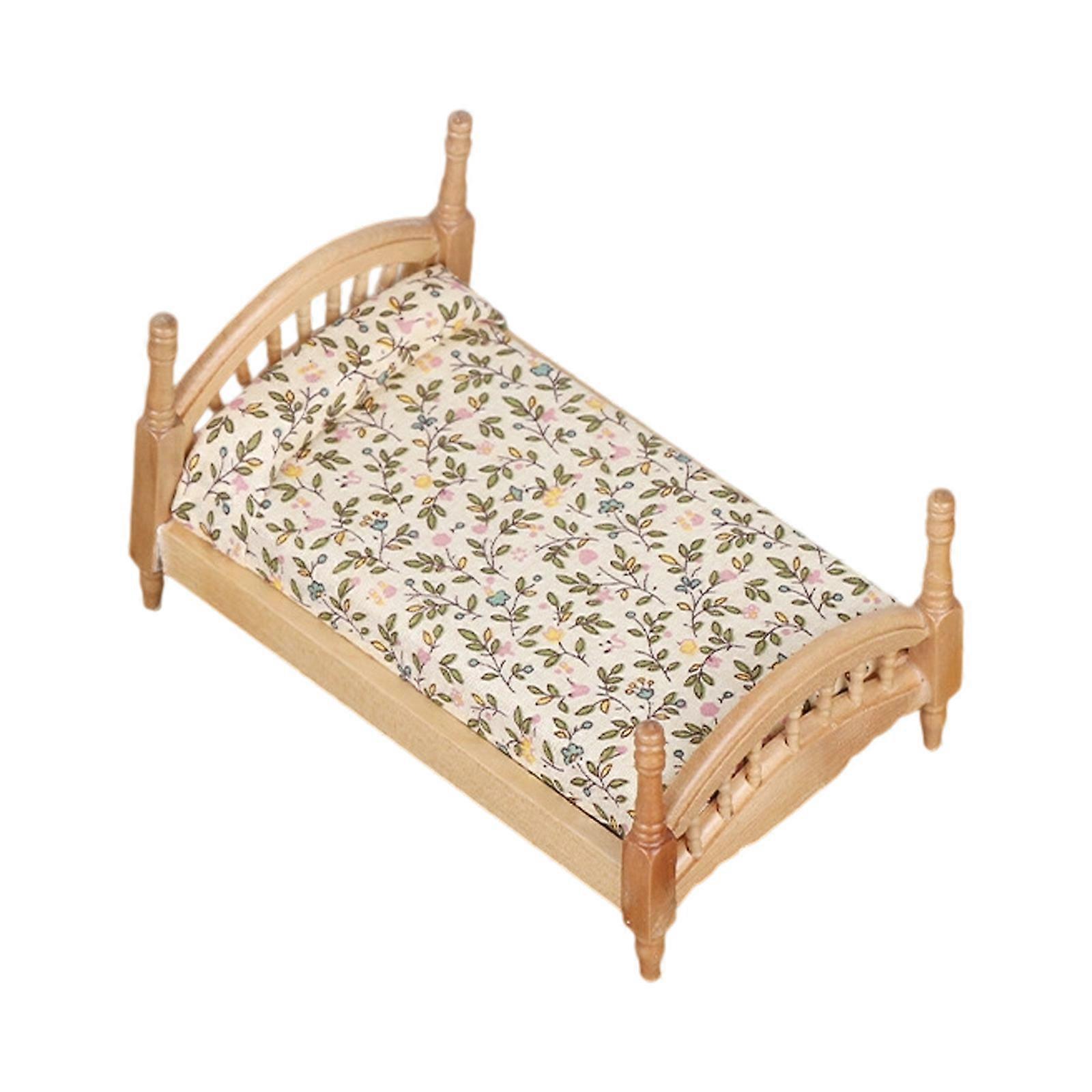 1 12 Miniature Oaken Bed With Blossomy Pattern Environmental Friendly Paint Consistent For Model House Furniture Realistic Deck  Log Color