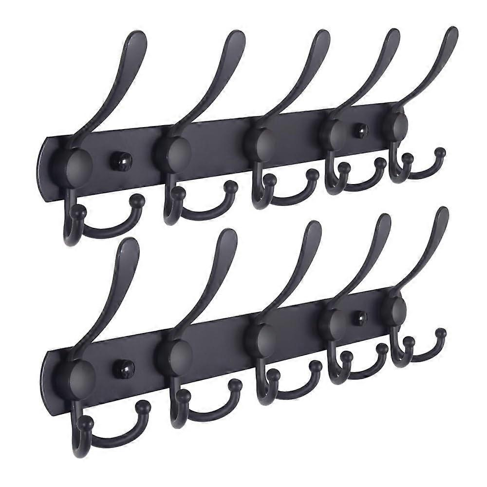 Wall Mounted Coat Rack with 5 Tri Hooks, Heavy Duty Stainless Steel for Entryway, Black, 2 Pack