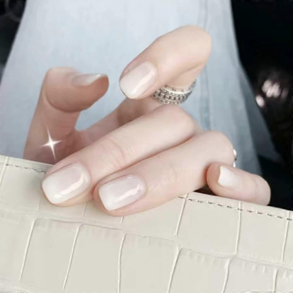 Glossy Gradient Press on Nails Short Square Ballerina Acrylic False Nails White Full Coverage