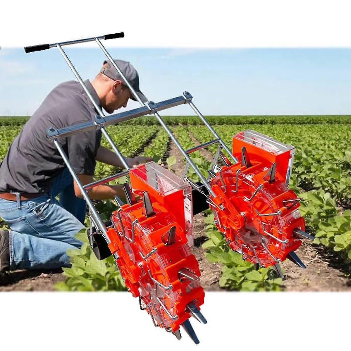 Garden Seeder Manual Push Planter Dual Row Adjustable Spacing for Corn Bean Vegetable Planting