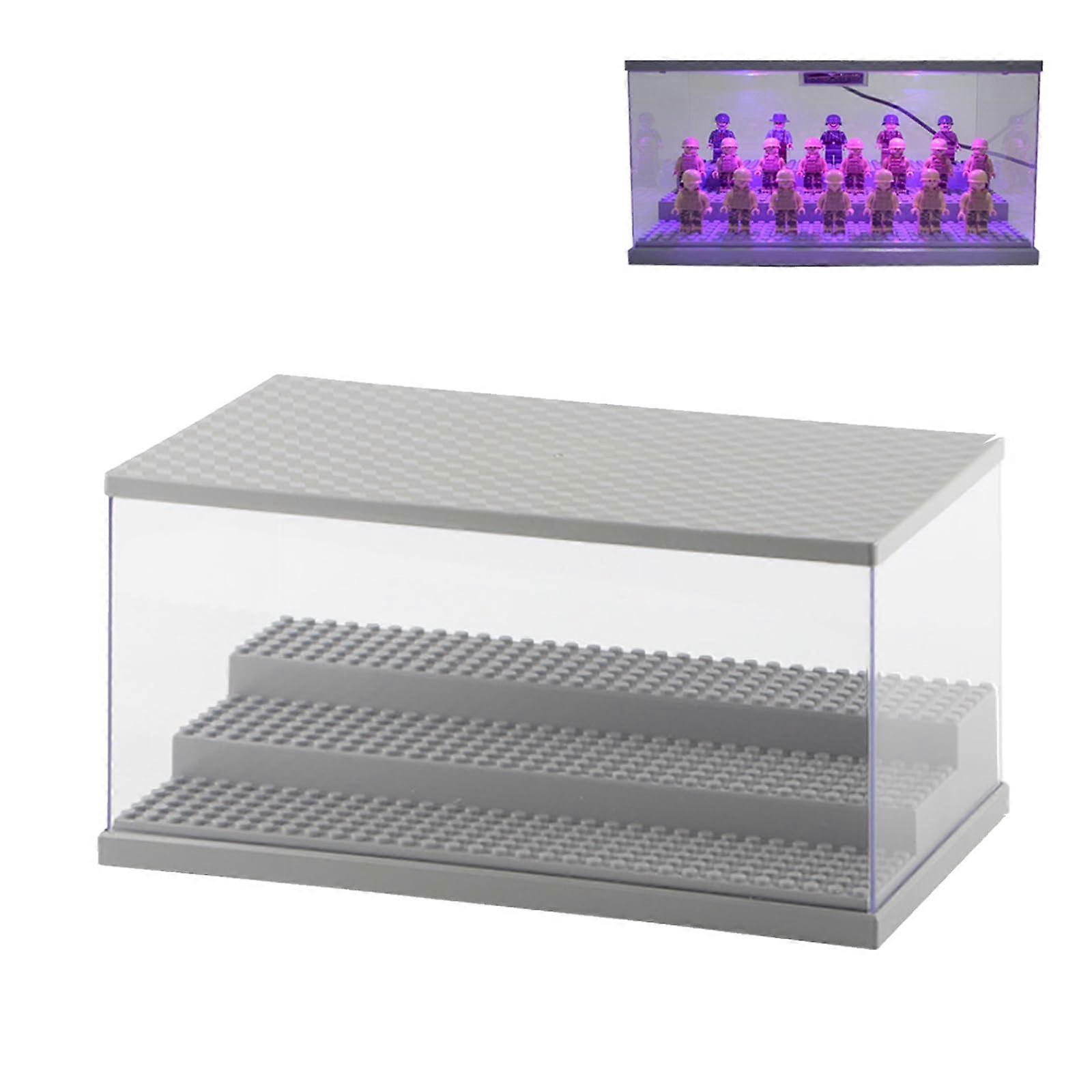 Display Case with USB LED Light, Clear Dustproof 3 Tier Stackable Acrylic Box (Grey) for  Minifigures