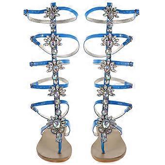 1 Pair Summer Flat Sole Sandal High Tops Roman Sandals Breathable Rhinestone Sandals Stylish Female Footwear for Women Ladies (Sapphire Blue Size 40 8