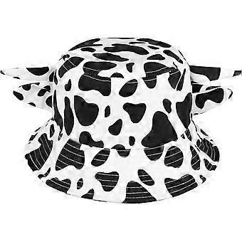 Cow Print Bucket Hat, Cow Bucket Hat with Horn Ears Fisherman Hat Cute Bucket Hat Summer Travel Sun Hat Cap for Women Men Beach Travel Protection Acc