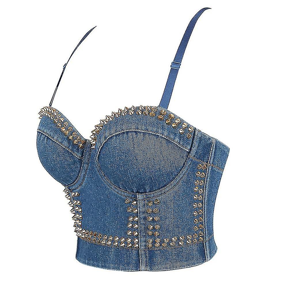 Women Rivet Cami Denim Bustier Crop Tops Slim Fit Corset Bralette Tank Top