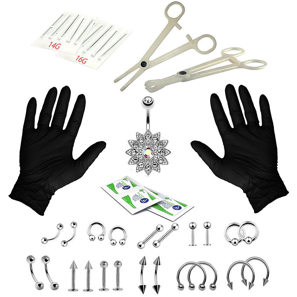 41pcs/set Professional Body Piercing Tool Kit Ear Nose Navel Nipple Needles Set