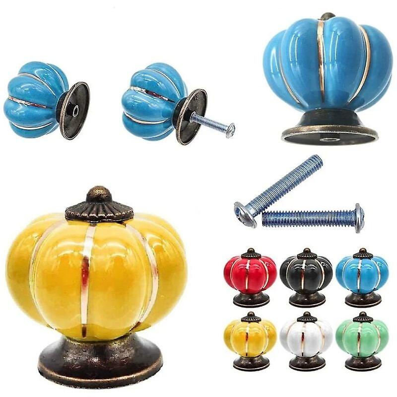 6PCS ,Ceramic Drawer Knobs Pumpkin Shape Cabinet Knob for Kitchen Drawers and Cupboards - Mix Colors