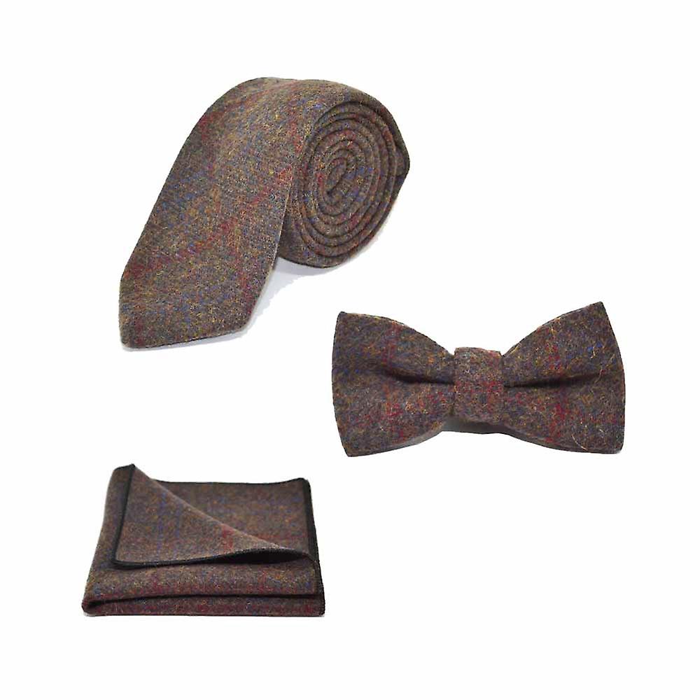 Heritage Check Earth Brown Bow Tie, Tie &amp; Pocket Square Set