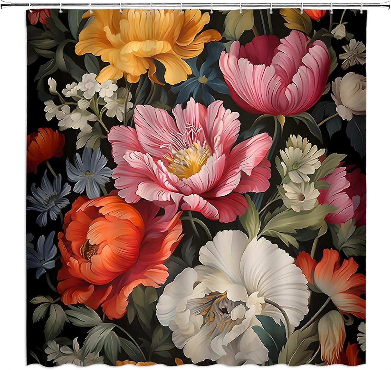 ブラックボヘミアンフローラルシャワーカーテンユニークなレトロに咲く花の葉水彩ビンテージ背景アート印刷生地バスルームの装飾フック付きセット(