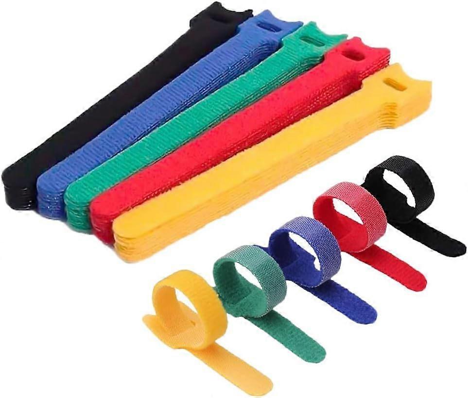 50pcs Reusable Adjustable Hook and Loop Cable Ties, Straps for Organizing Home Office Cables, Accessories in Red, Yellow, Blue