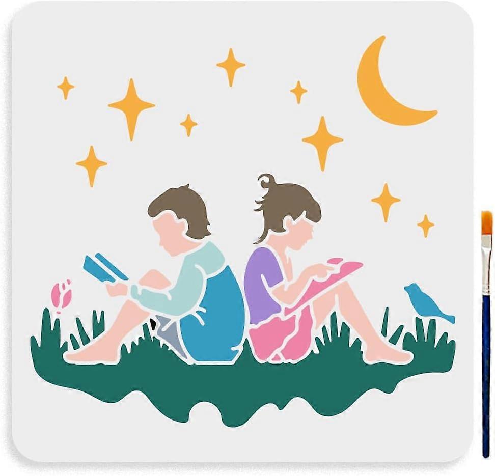 Boy and Girl Reading Stencil 11.811.8inch Large Book Reading Under The Starry Sky Stencil with Paint Brush Reusable Nature Meadow Study Template for W