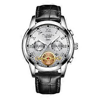 FNGEEN 4001 Reloj no mecánico para hombre Reloj de cuarzo multifunción, color: Cuero negro Acero blanco Superficie