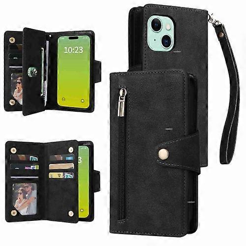 For iPhone 15 Rivet Buckle 9 Cards Three Fold Leather Mobile Phone Case