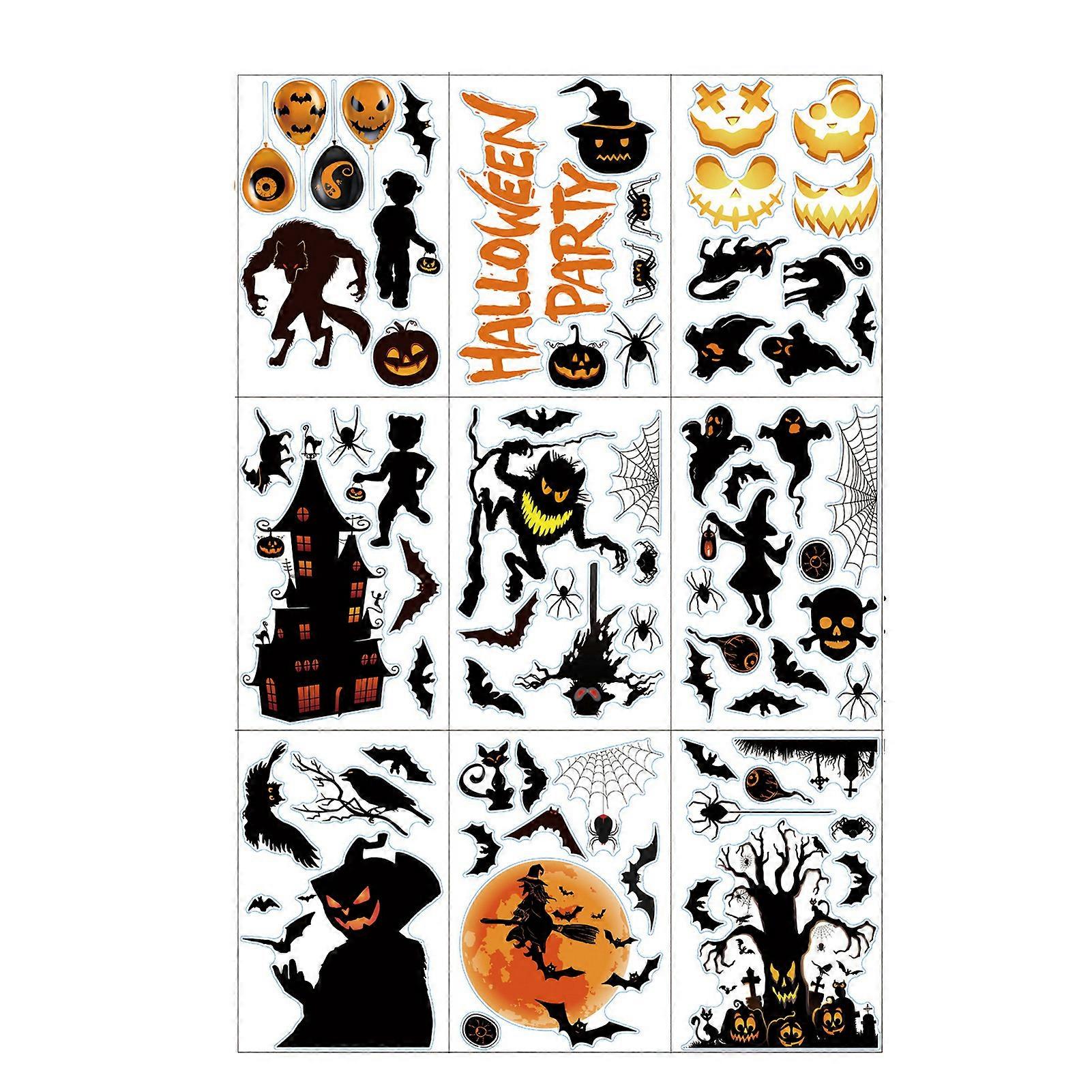 9 Sheets/Set Halloween Window Cling Waterproof Pumpkin Witch Skeleton PVC Double-sided Home Office Static Glass Decoration Sticker Decal