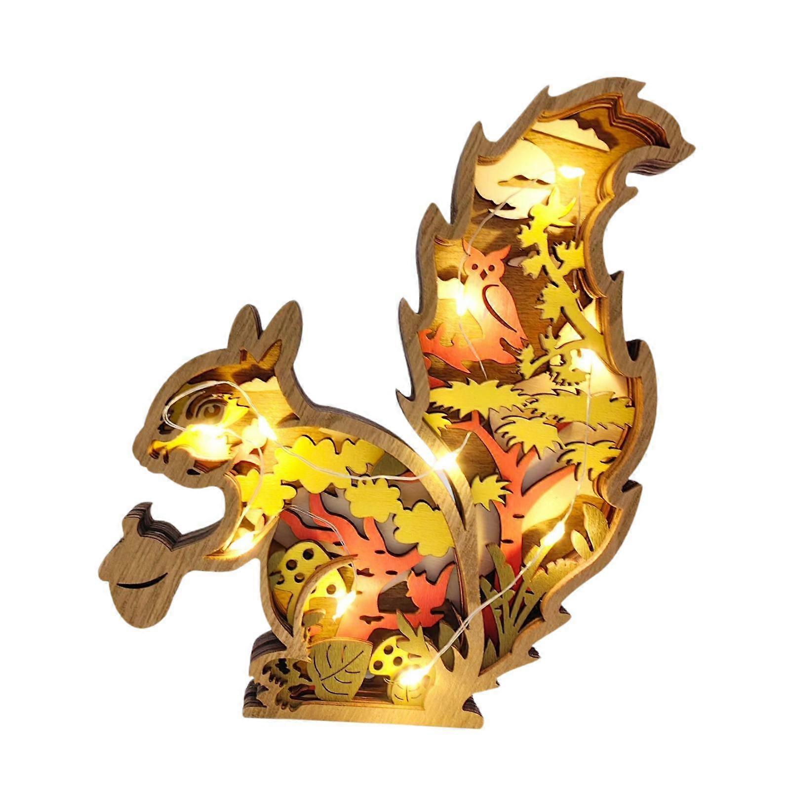 3D Wood Carving Squirrel Lamp Squirrel Decoration for Table Bookshelf Friend