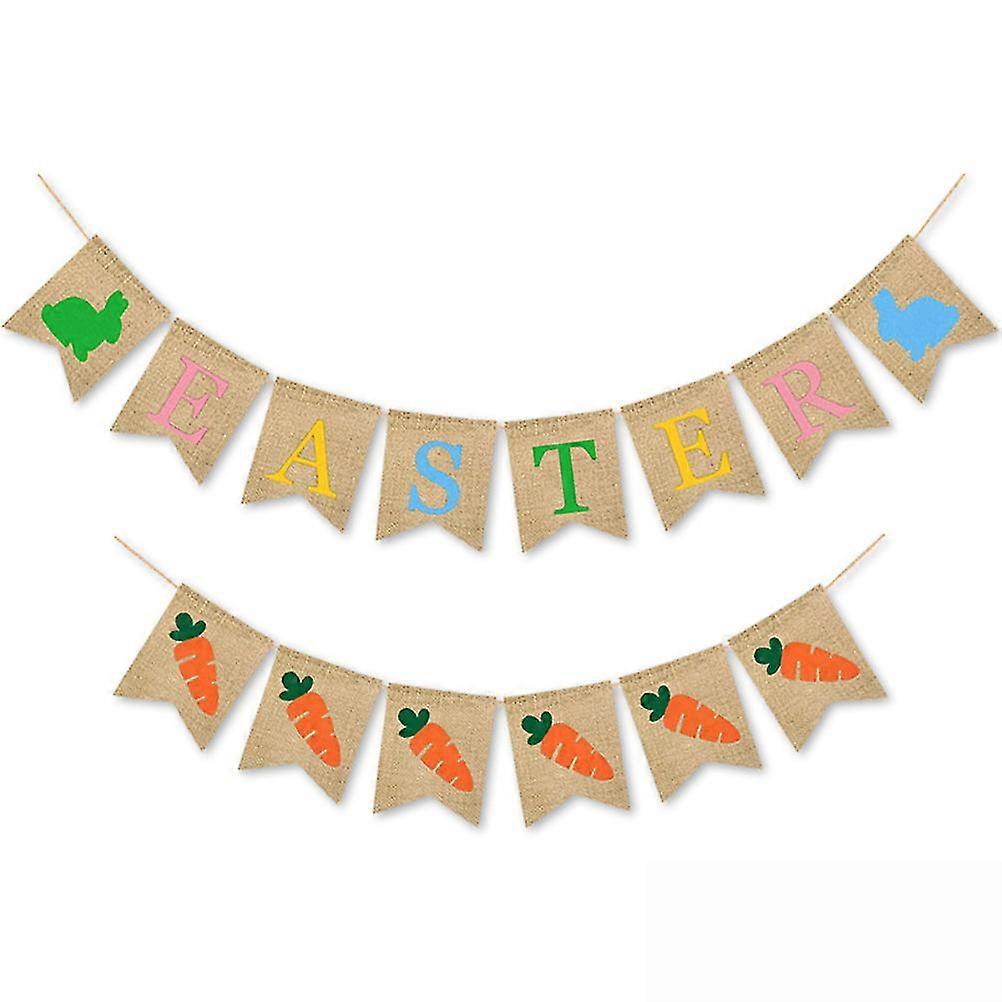 2 pcs Easter Burlap Banner DIY Rabbit Carrot Printed Bunting Pull Flag Easter Party Decoration