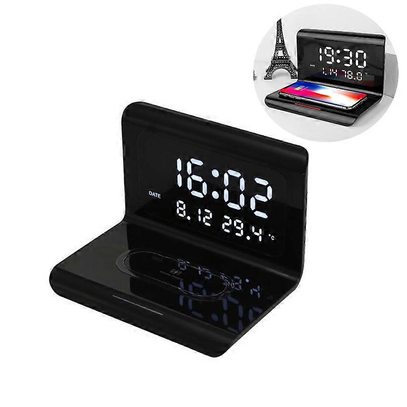 2-in-1 Digital Alarm Clock with Wireless Charging, LED Time, Temperature, and Calendar Display, Fast Wireless Charger for Apple and Samsung Devices (W