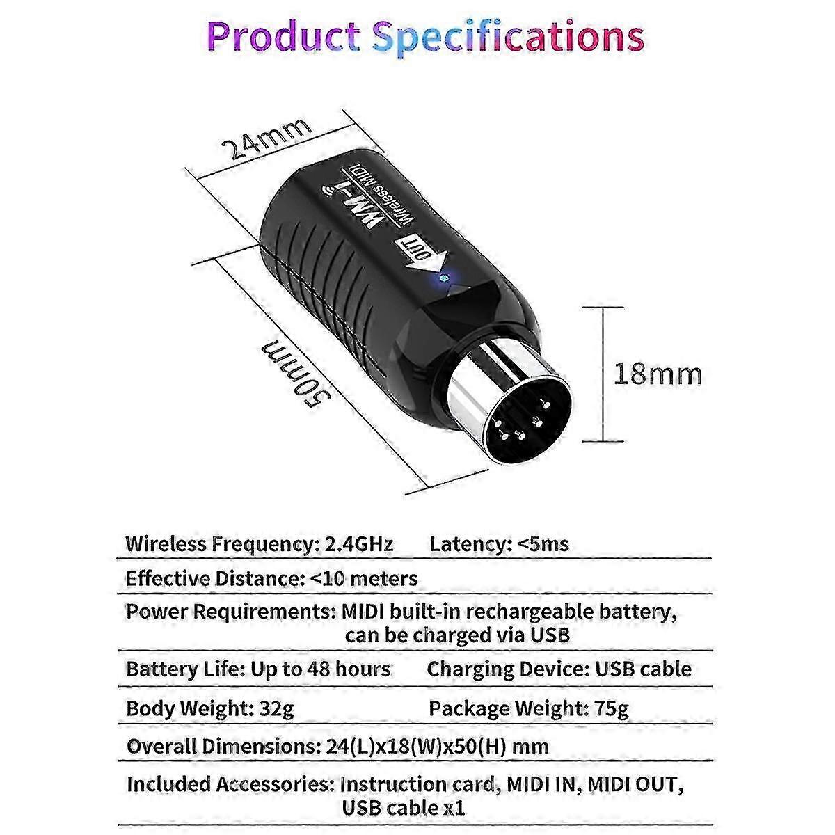 Rechargeable Midi Wireless Guitar System Audio Receiver Transmitter Wireless Midi Adapter For Digital Piano Keyboard