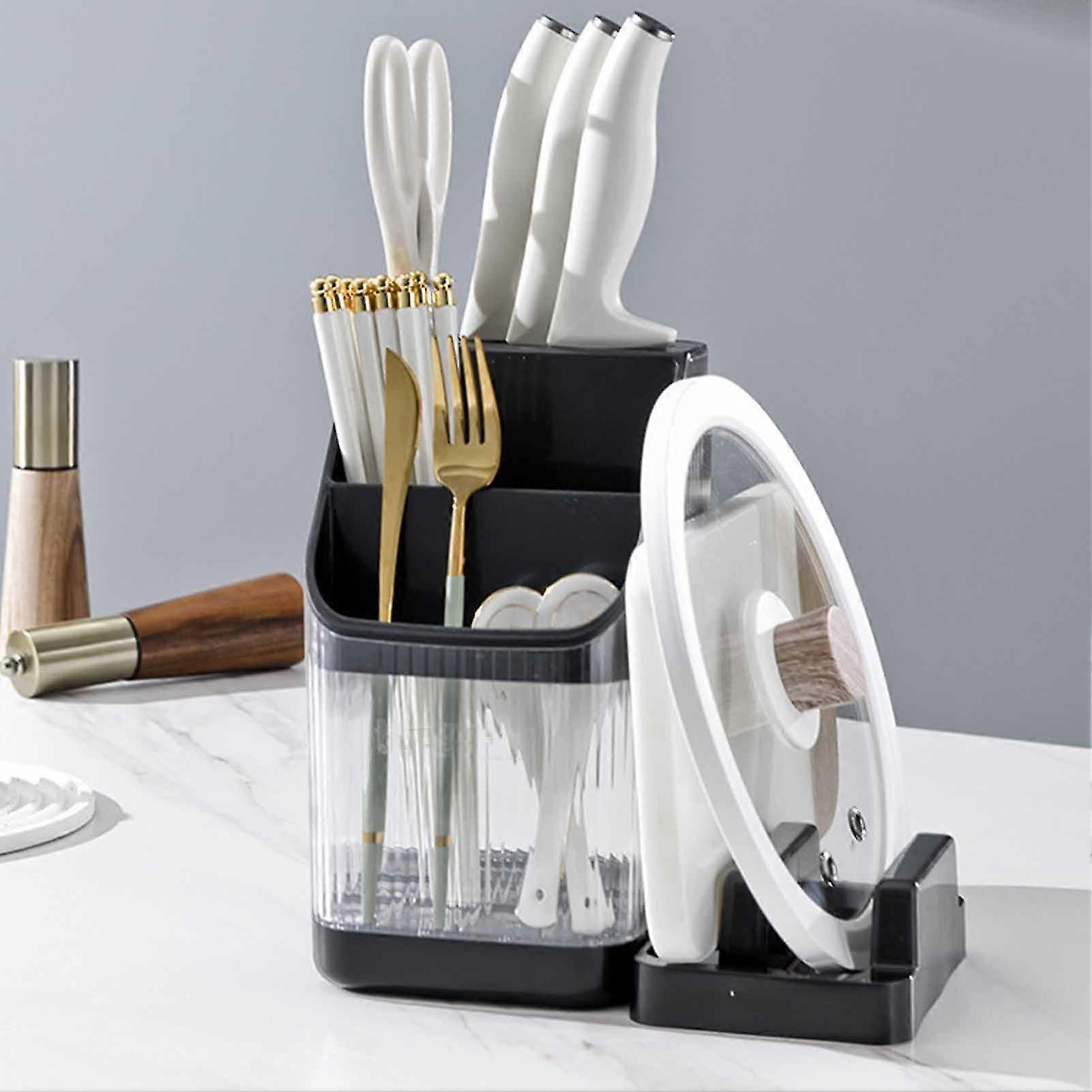 Transparent Knife Block Utensil Holder with Draining Tray - Black Kitchen Utensils Organizer