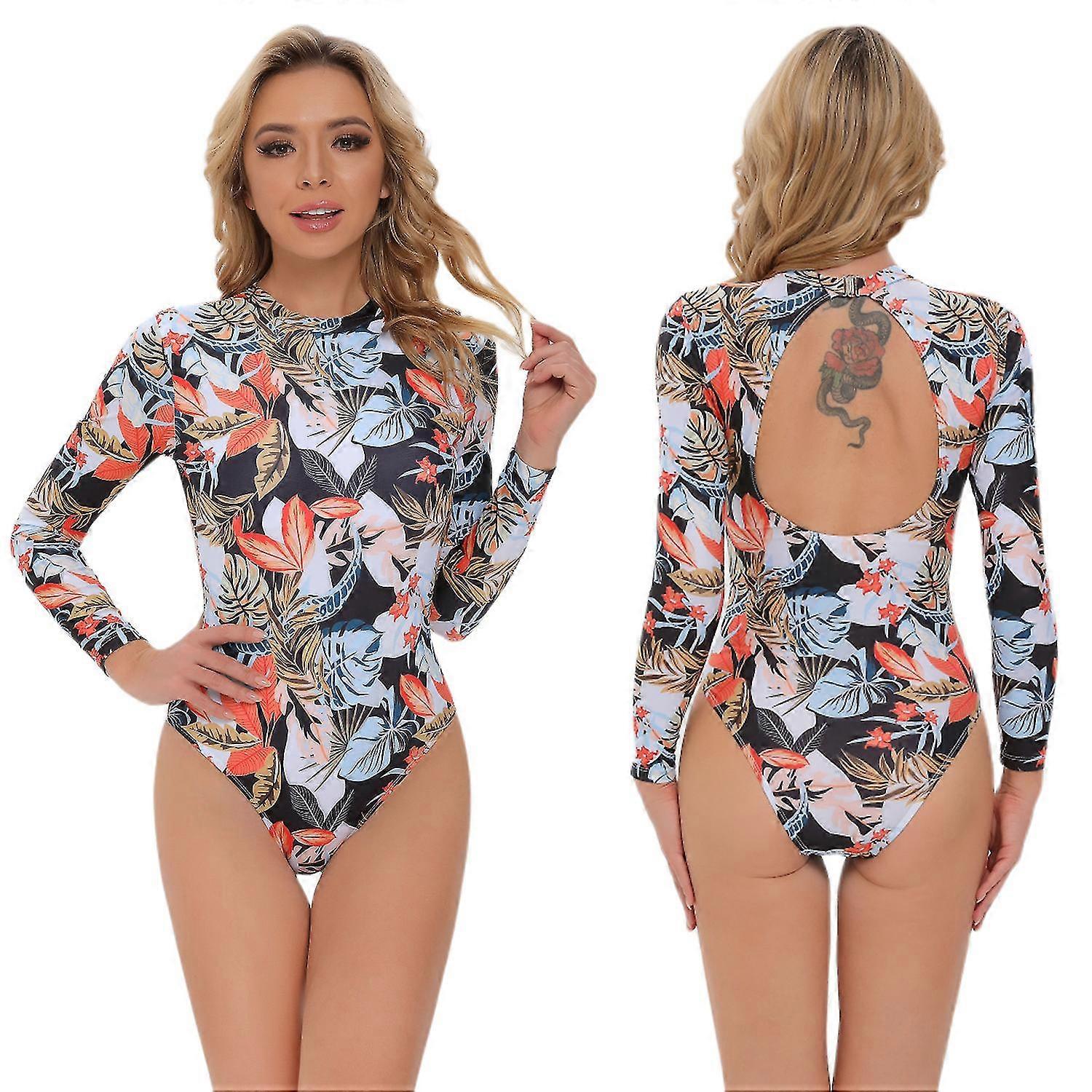 Maillot de bain pour femmes Manches longues Rash Guard Femmes Imprimer Maillot de bain une pièce Maillot de bain à col haut Maillot de bain Open Back Surfing Suit