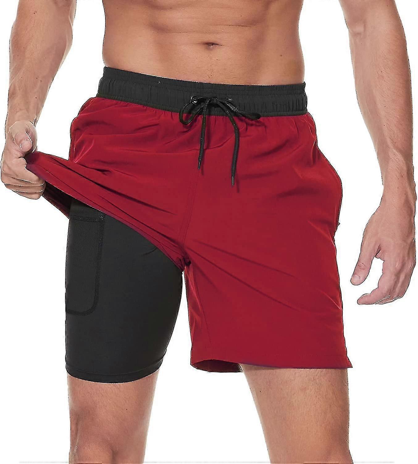 Men's Swim Trunks With Compression Liner 2 In 1 Quick Dry Mens Swim Shorts With Boxer Brief Lined Surfing Stretchy Beach Shorts With Zipper Pockets Xi
