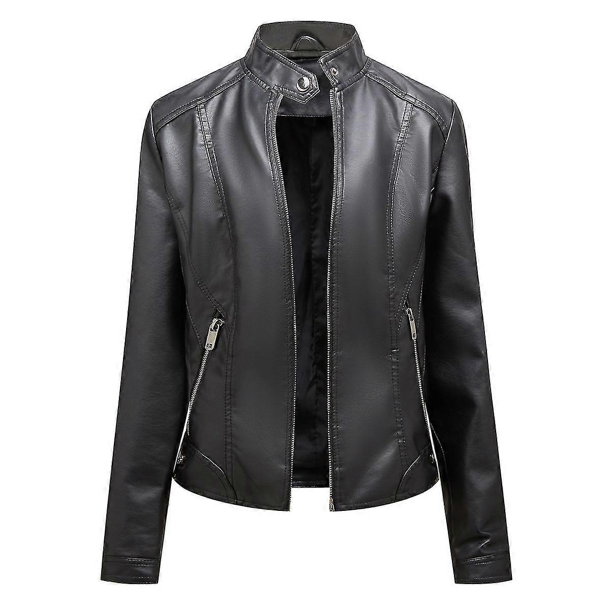 Naiwang Women's Solid Color Stand Collar Zip Slim Short Leather Jacket
