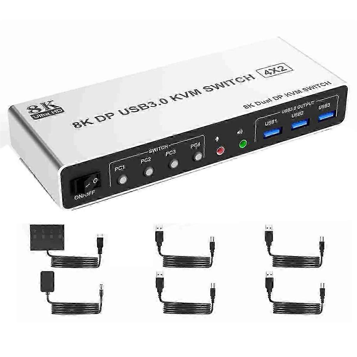 8k@60hz Commutateur Displayport KVM USB3.0 2 moniteurs 4 ordinateurs, 4 ports Dp1.4 Double moniteur Dp Kvm swit