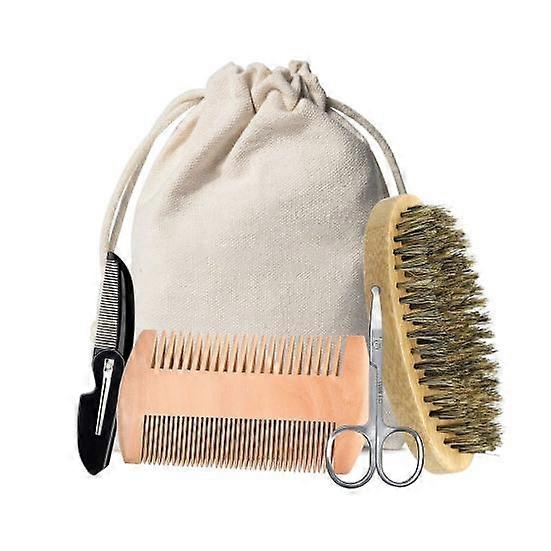 3/5Pcs Men Beard Grooming Kit with Boar Bristles Oval Brush Foldable Double-Sided Wooden Comb