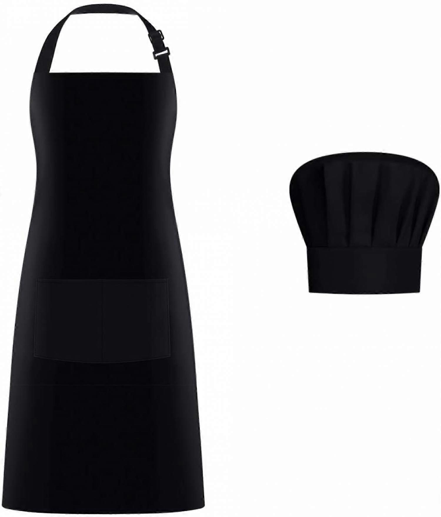 Apron Chef Hat Set, Adjustable bib Apron Baker Chef Hat Women Men, Black