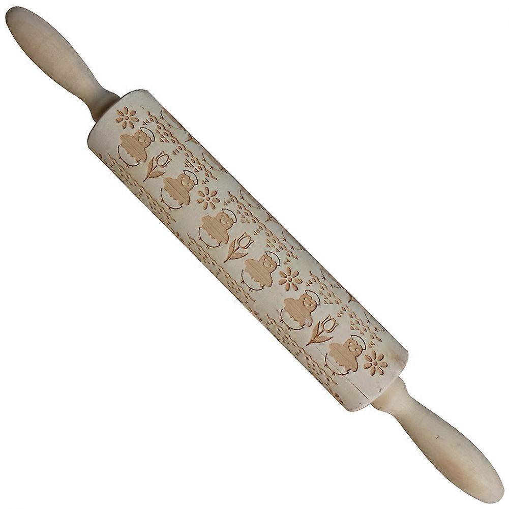 Kitchen Rolling Pin Bread Cookie Dough Roller with Chicken&Flower Carving