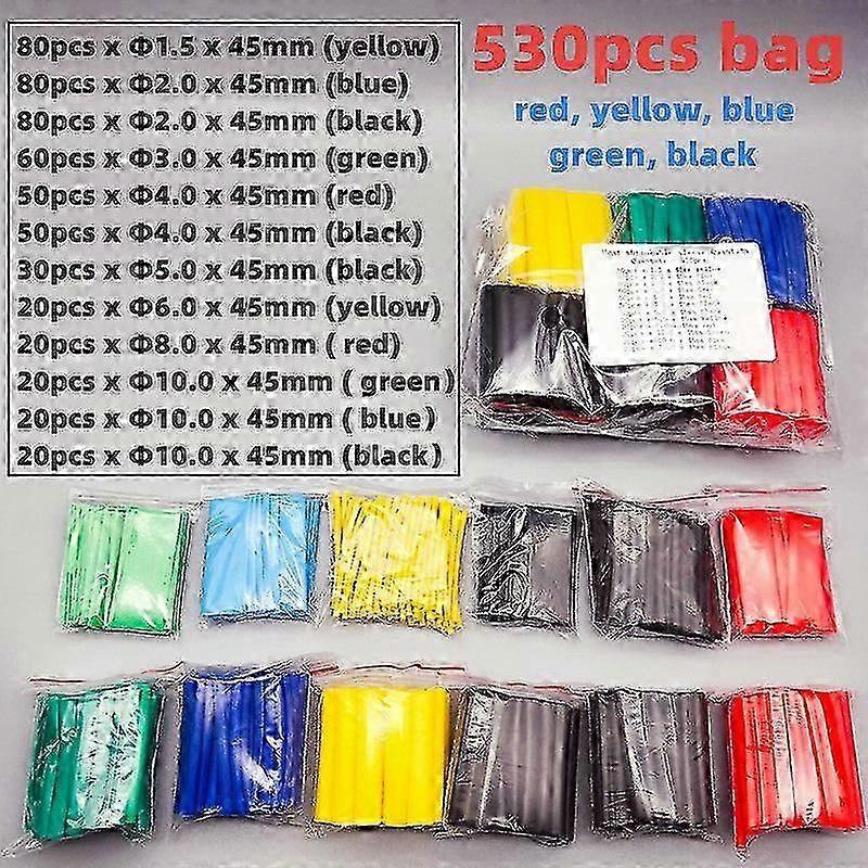 530pcs/set Polyolefin Shrinking Assorted Heat Shrink Tube Wire Cable Insulated Sleeving Tubing Set 2:1 Waterproof Pipe Sleeve