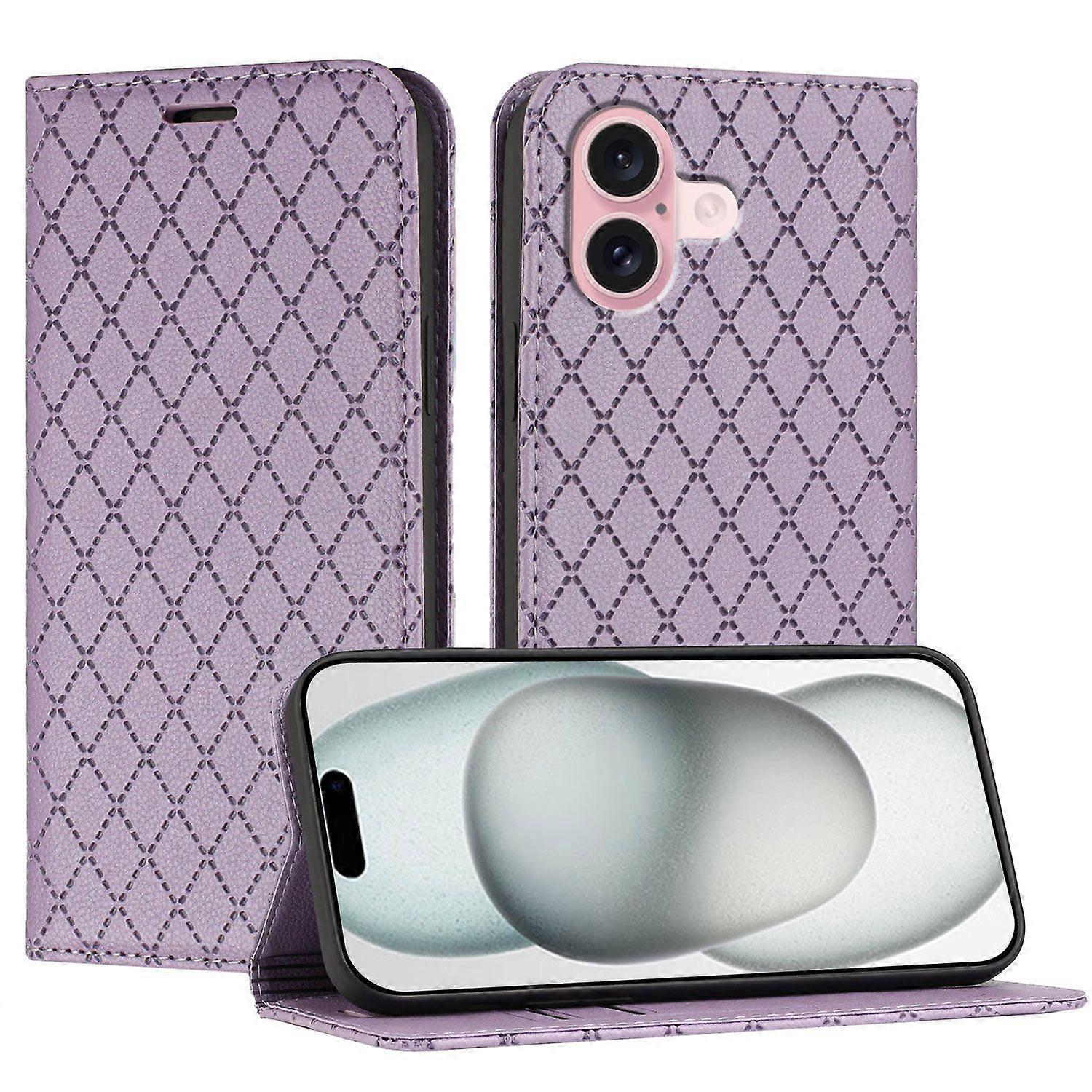Wallet Case For Iphone 16,Shockproof PU Leather Magnetic Flip Cover With Card Holder-Purple