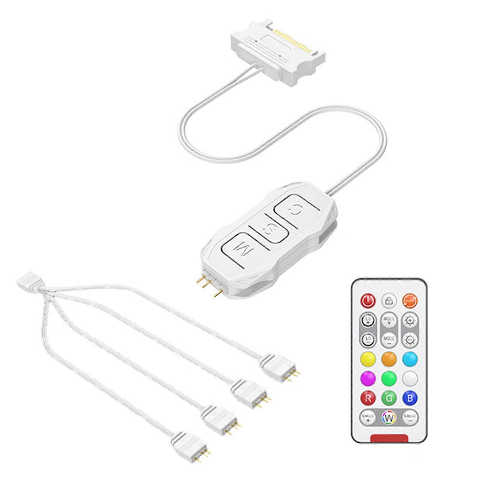 Small ARGB PC Light Controller 4Port Splitter and Wireless Remote, Easy to Install Builts-In Lighting Modes  White