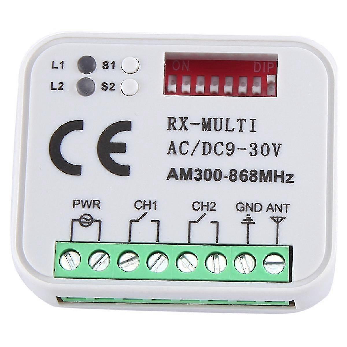 Multi-Frequency 300-868MHz Receiver Module with 2CH Relay and 12V/24V Compatibility for Garage Door Remote Control Systems