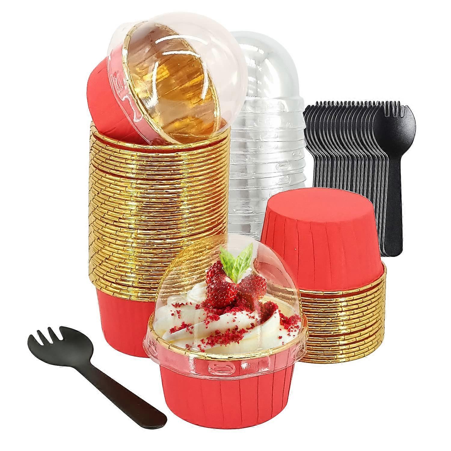 Large Cupcake Primer Cooking Cups 50 Pack, 5.5 Oz Foil Dessert Cups with Lids and Spoons for Baking and Serving