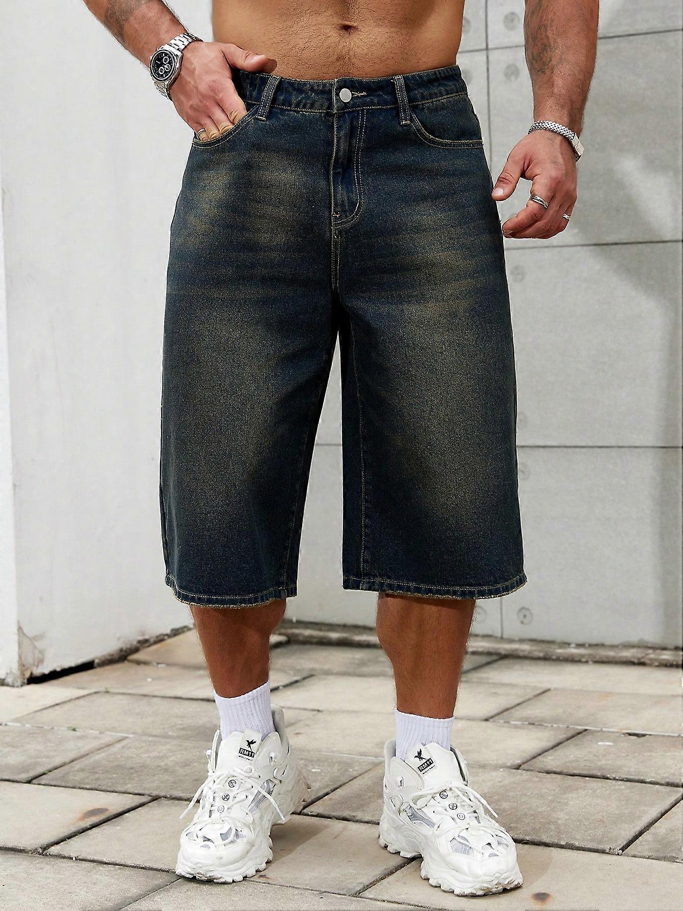 Men s Denim Shorts Baggy Long Plain Black Going Out Basic