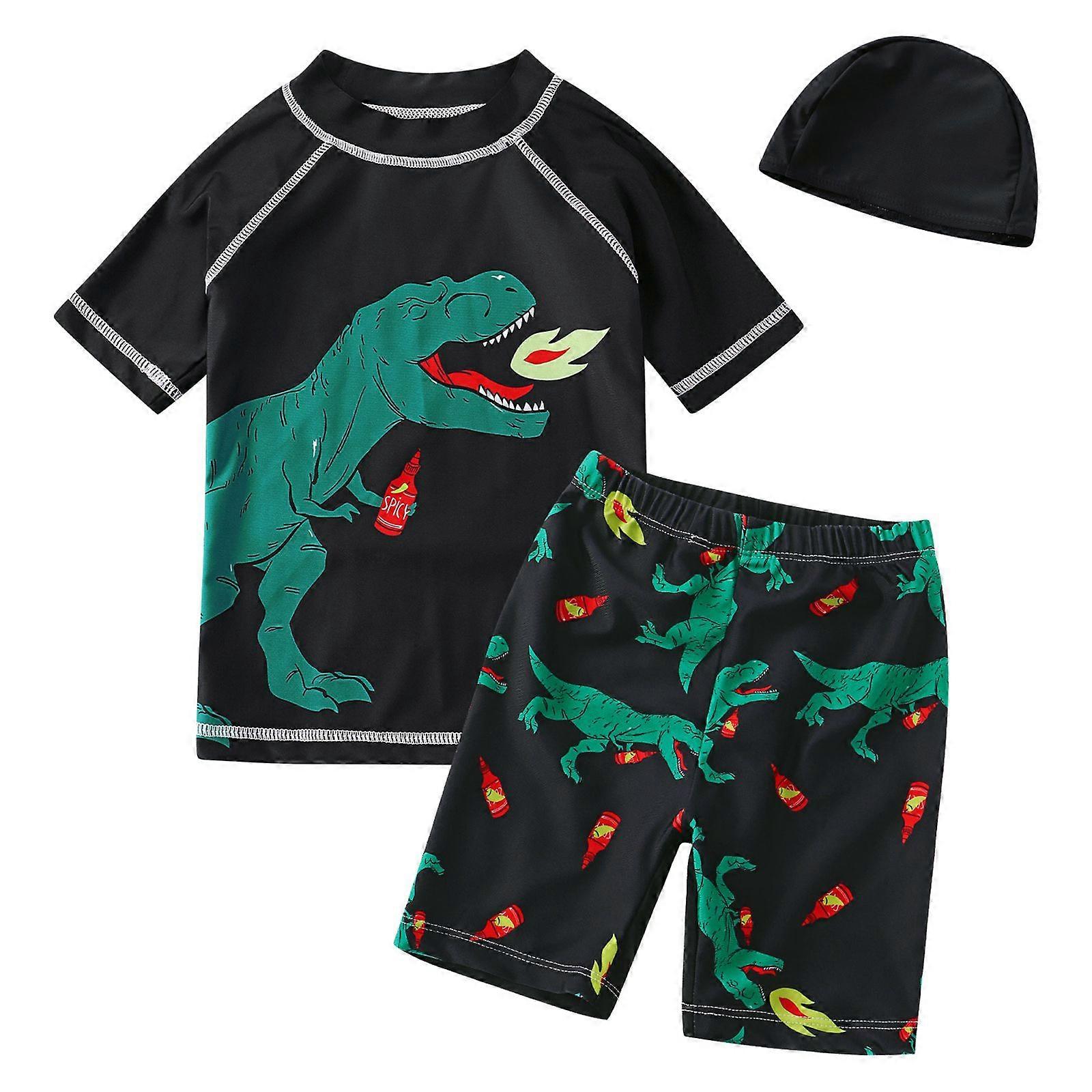 3PCS Boys Swimsuits with Swimming Hat Short Sleeve Top Trunks Sets Kid Boys Dinosaur Printed Swimsuits