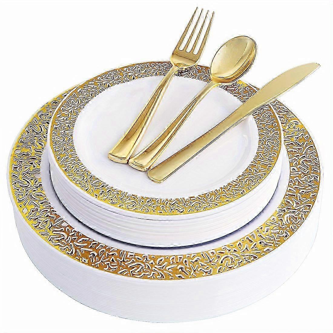 100 adet, çatal bıçak takımı seti ile plastik tabaklar, tek kullanımlık yemek tabakları, tek kullanımlık salata tabakları, çatal bıçak kaşığı ile altın çatal bıçak takımları, altın tabaklar f