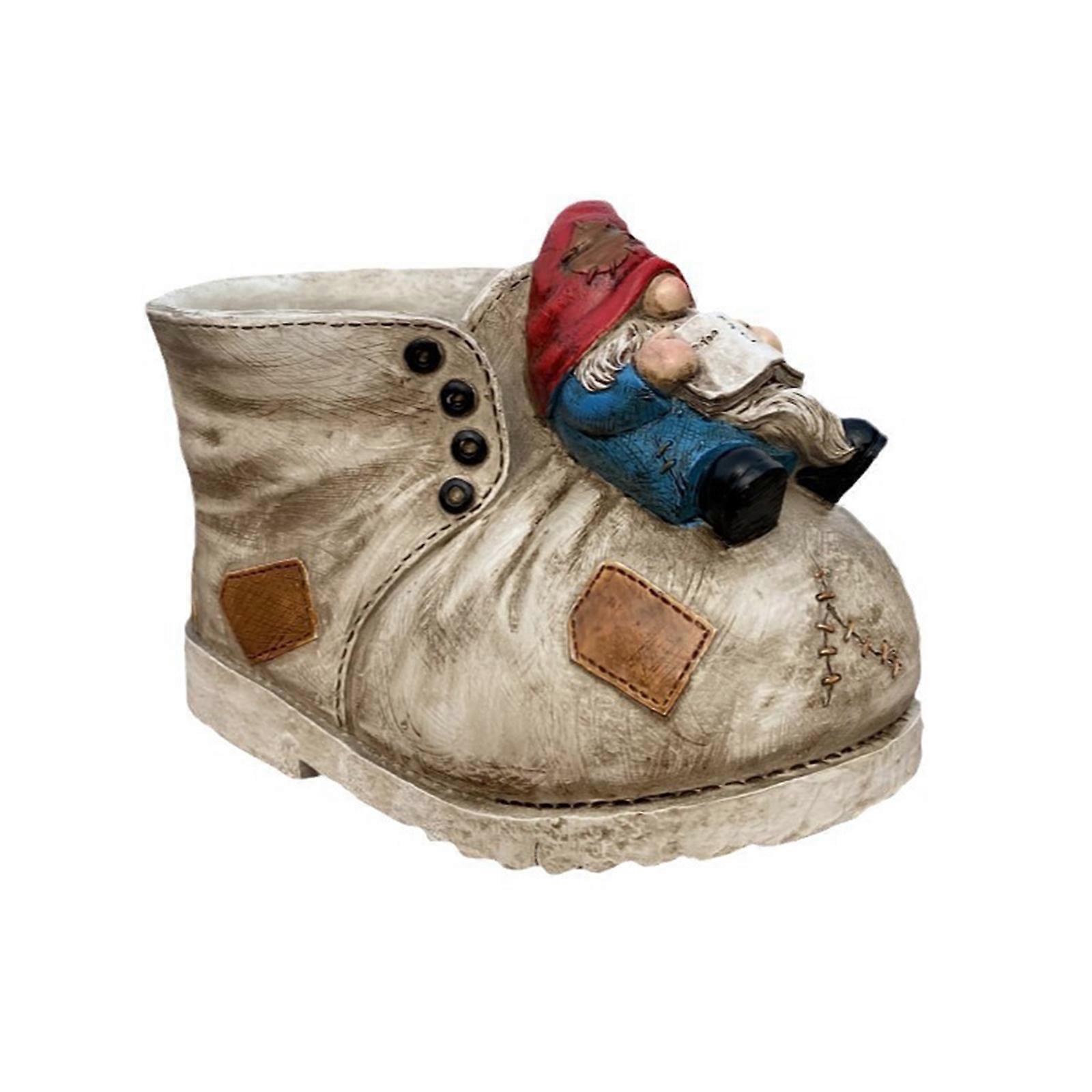Old Boot Shape Succulents Planter with Gnome Statue Indoor Flowerpots Dwarfs Sculpture Resins Pen Holder for Desktops
