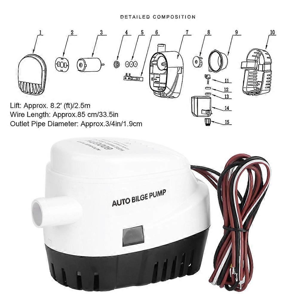 12V 600 GPH Automatic Bilge Pump for Yacht, Water Discharge Pump with Corrosion Protection
